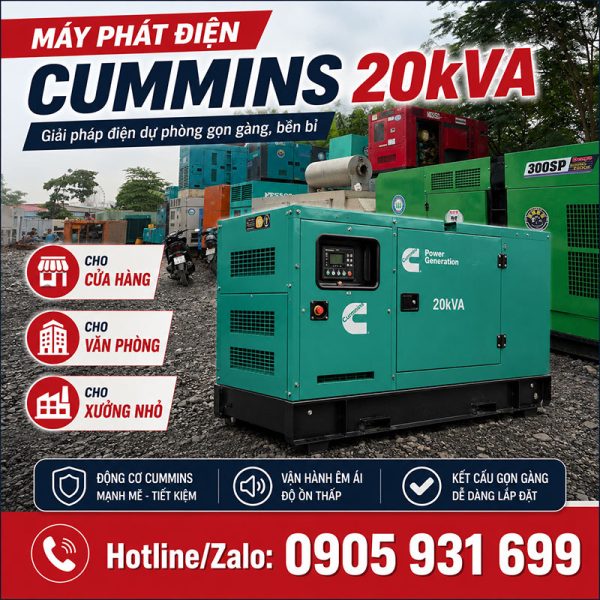 Máy phát điện Cummins 20kva (16kw) mới chính hãng